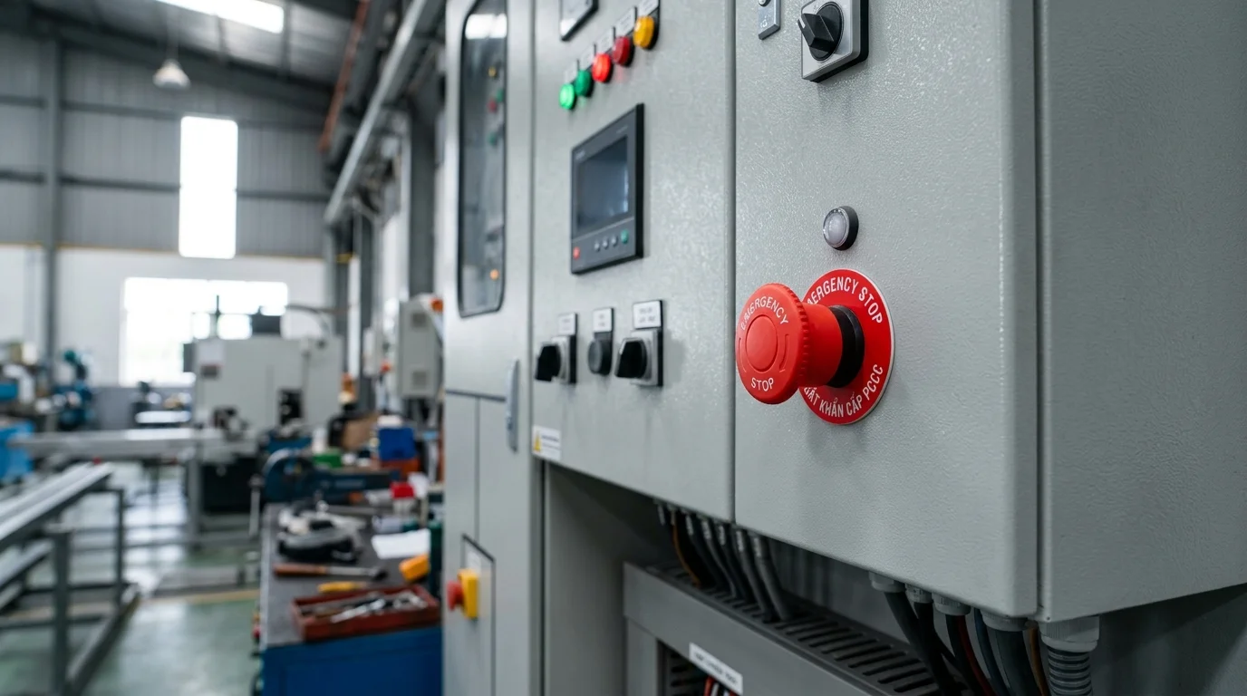 Nút bấm ngắt khẩn cấp PCCC đảm bảo an toàn cháy nổ solar xưởng gỗ