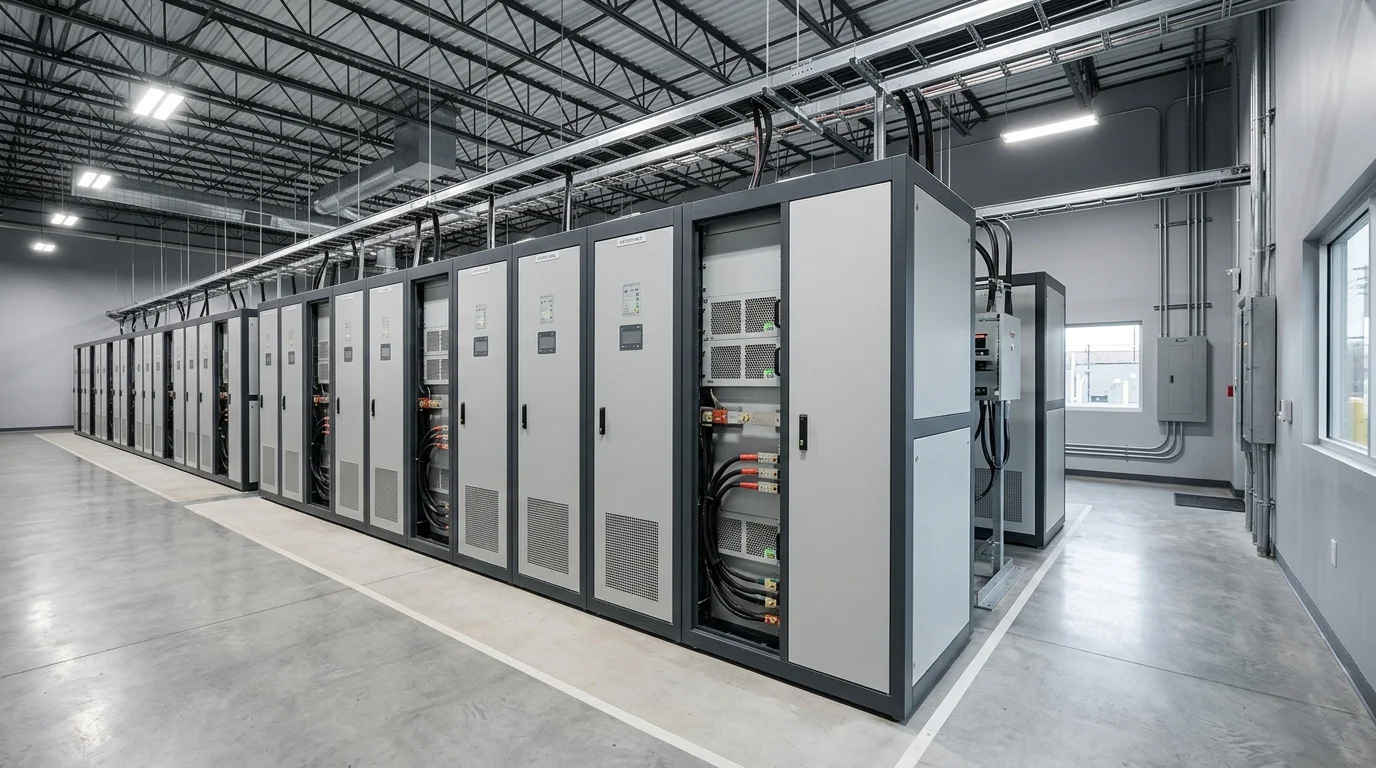 Dãy các tủ pin lưu trữ lithium công nghiệp lớn đặt thẳng hàng trong phòng máy kỹ thuật thông thoáng