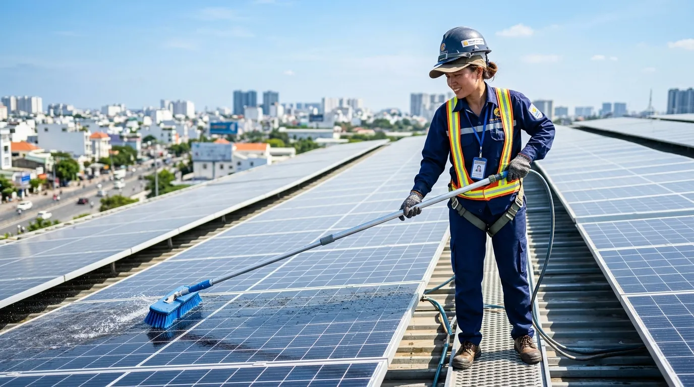 Kỹ thuật viên sử dụng chổi xoay áp lực nước mềm rửa sạch giàn pin mặt trời gia đình