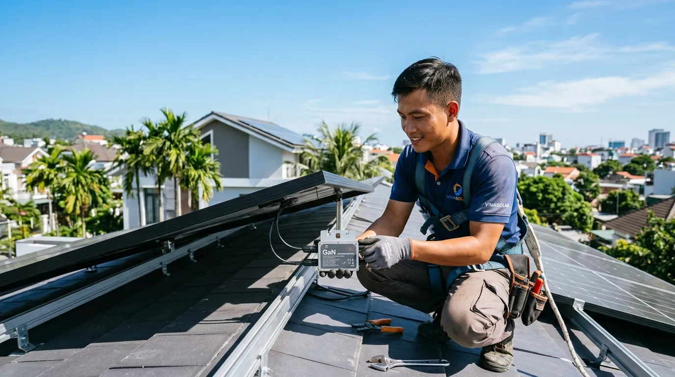 Thợ kỹ thuật gắn microinverter GaN kích thước nhỏ gọn bàn tay vào mặt sau tấm pin mặt trời mái nhà