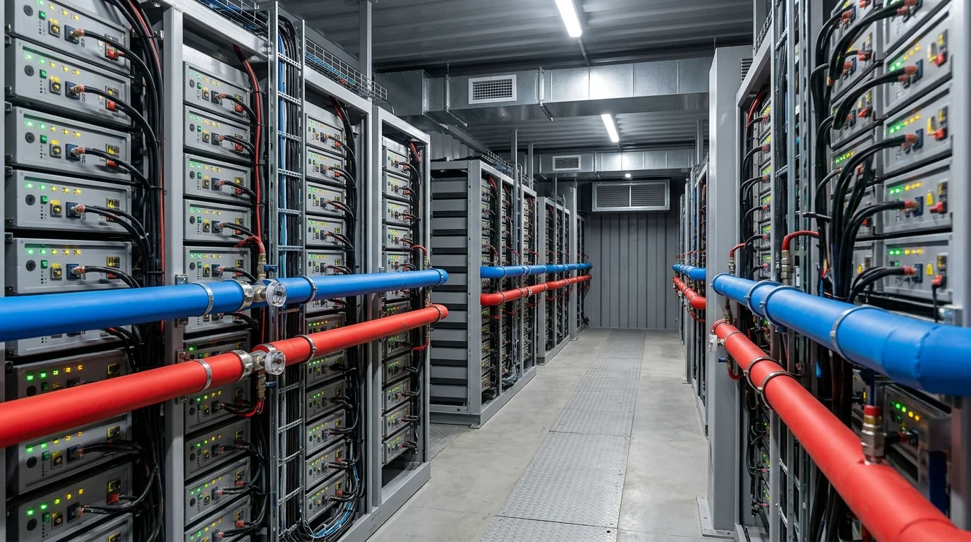 Bên trong container lưu trữ năng lượng BESS với các tủ rack pin LiFePO4