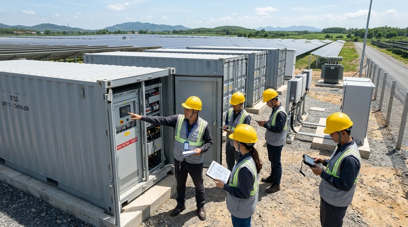Đội ngũ kỹ thuật kiểm tra vận hành BESS container tại trang trại