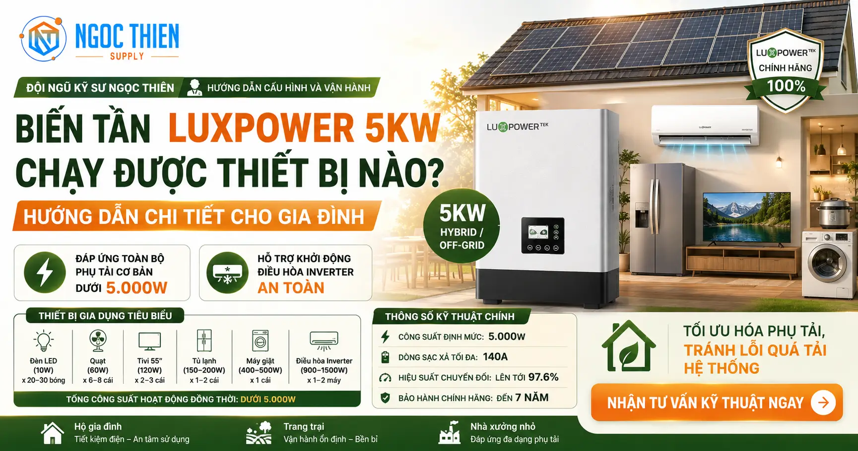 Biến tần Luxpower 5kW chạy được thiết bị nào trong nhà?