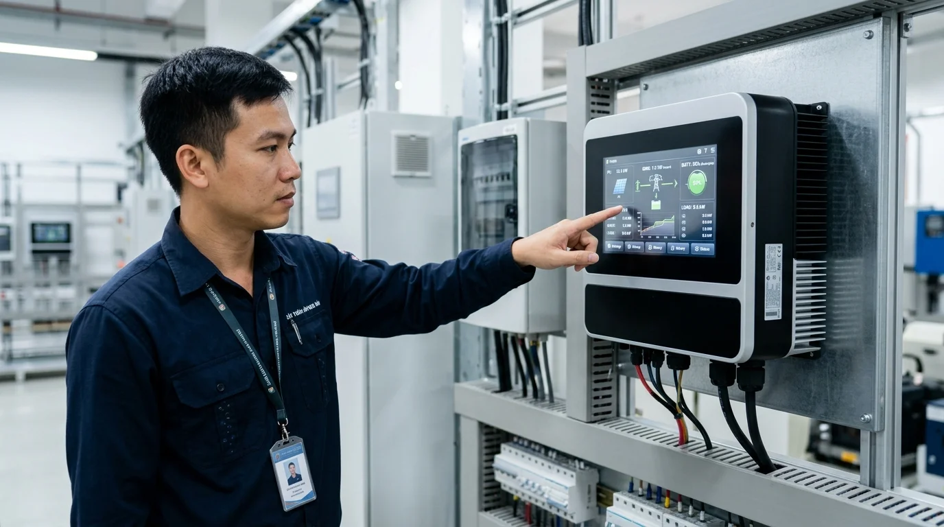 Kỹ sư kiểm tra thông số trên màn hình biến tần Luxpower chạy song song