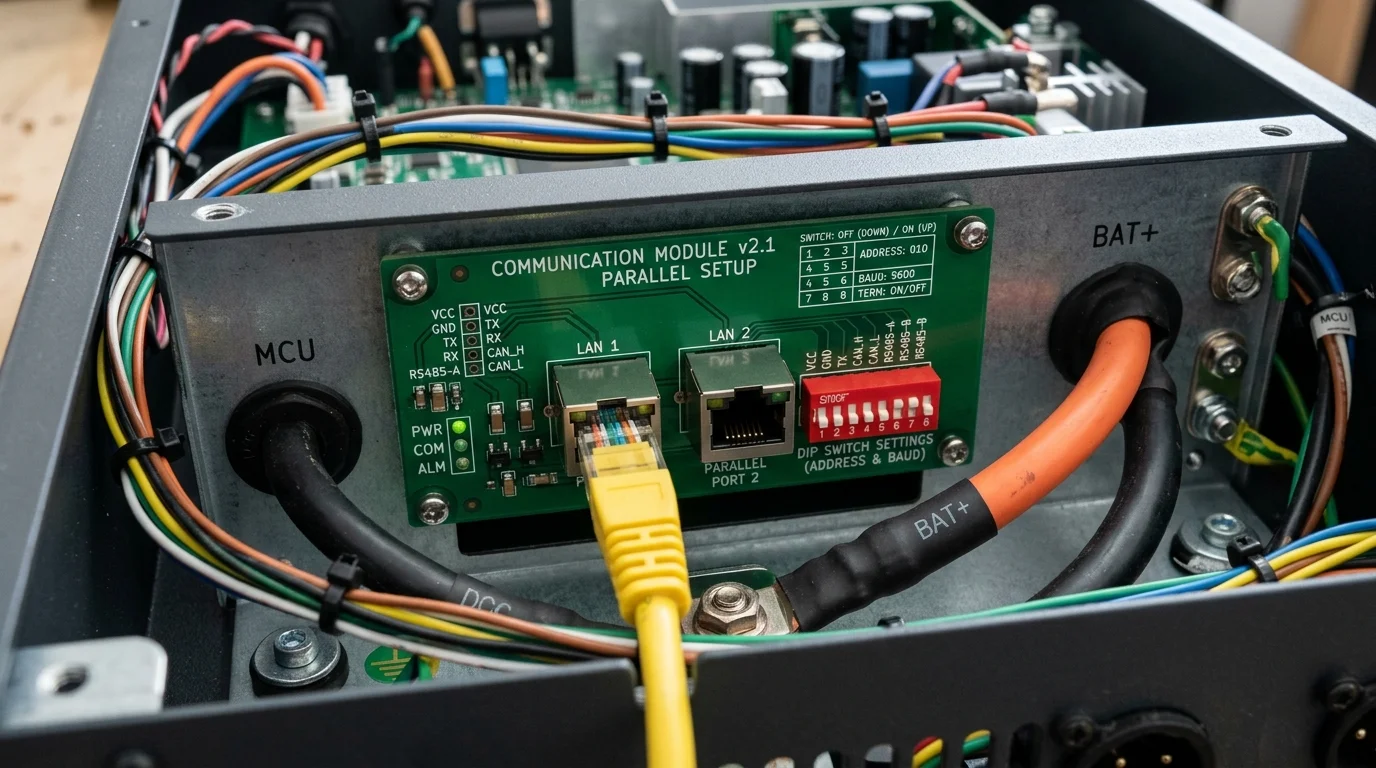 Vị trí cổng cắm cáp song song Parallel Port và công tắc DIP Switch trên bo mạch Inverter Deye