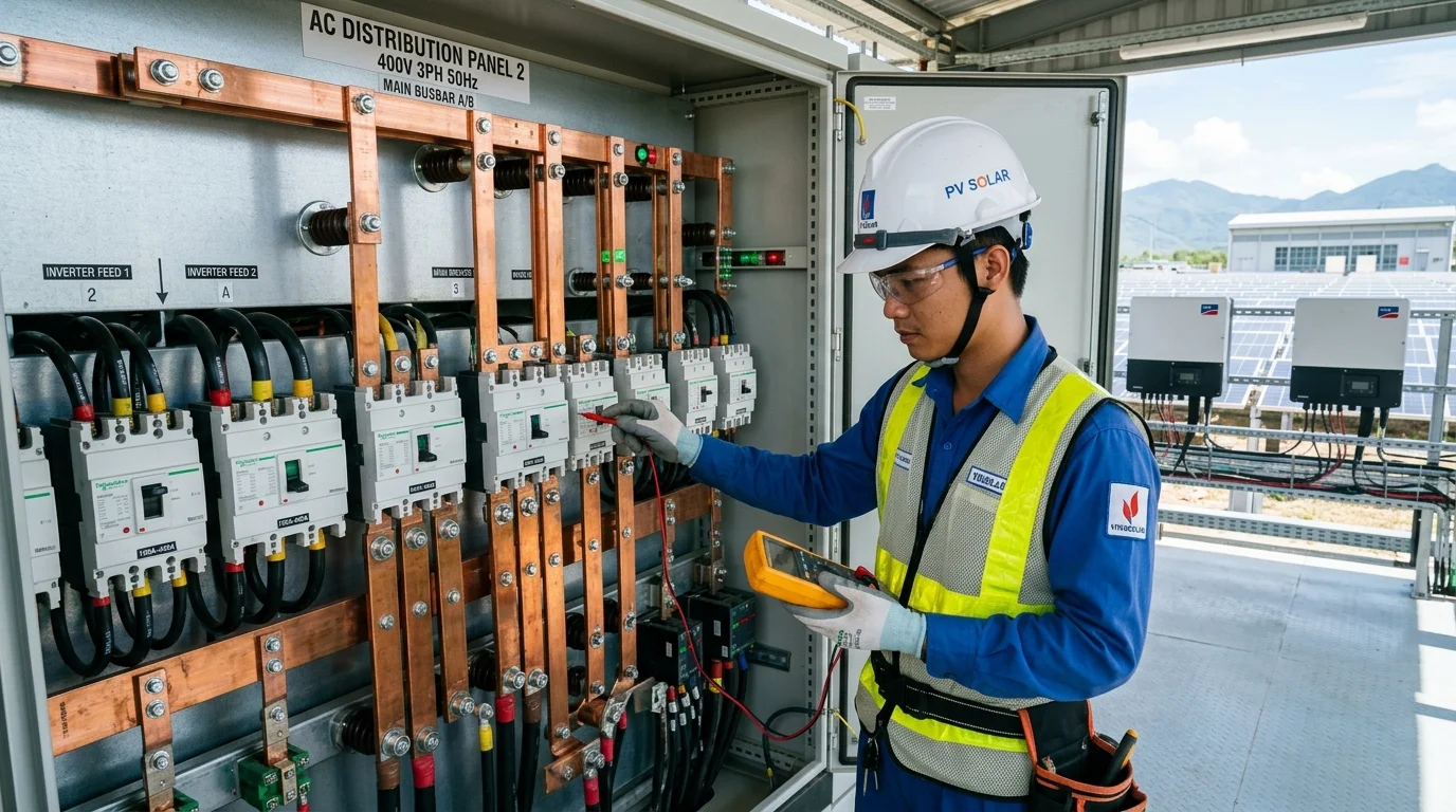 Kỹ thuật viên đo kiểm tra dòng điện cân bằng pha khi ghép song song Inverter Deye