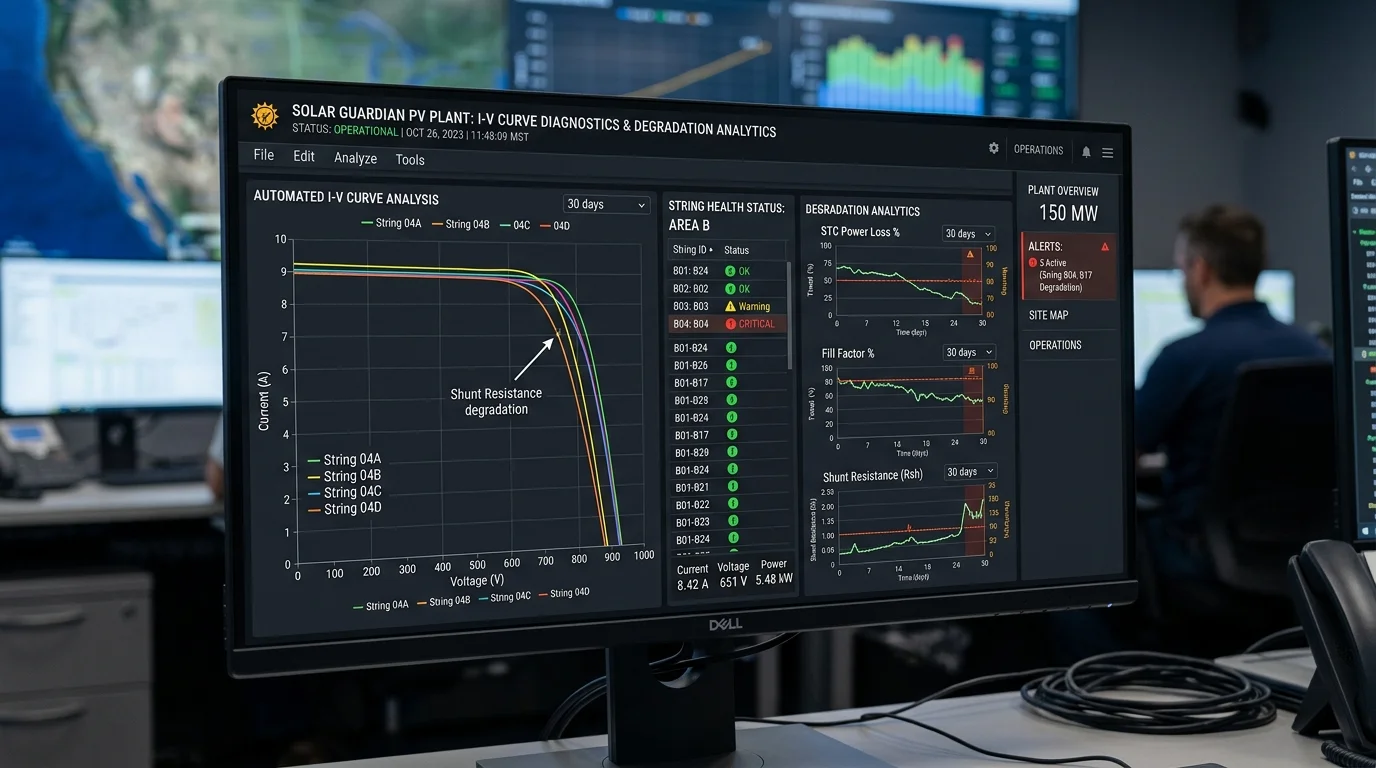 Màn hình hệ thống SCADA giám sát đồ thị I-V curve tự động và cảnh báo suy hao chuỗi pin