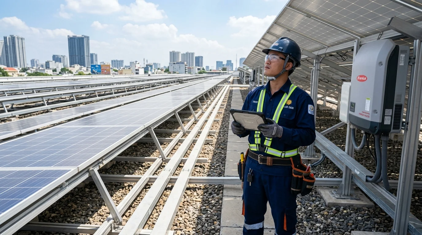 Kỹ sư O&M sử dụng ứng dụng kiểm tra sức khỏe chuỗi pin solar qua cảm biến I-V curve