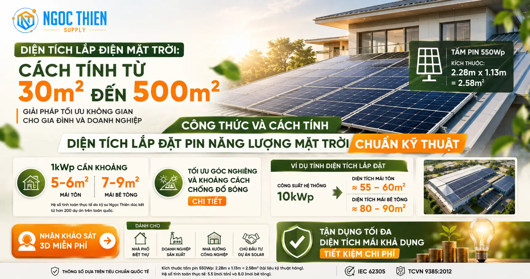 Diện tích lắp điện mặt trời: Cách tính từ 30m2 đến 500m2