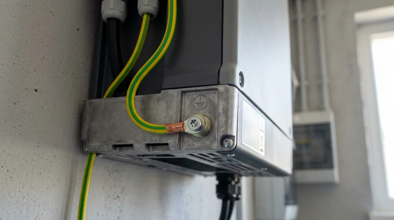 Kết nối cáp bọc tiếp địa màu xanh vàng vào điểm tiếp đất trên vỏ máy biến tần
