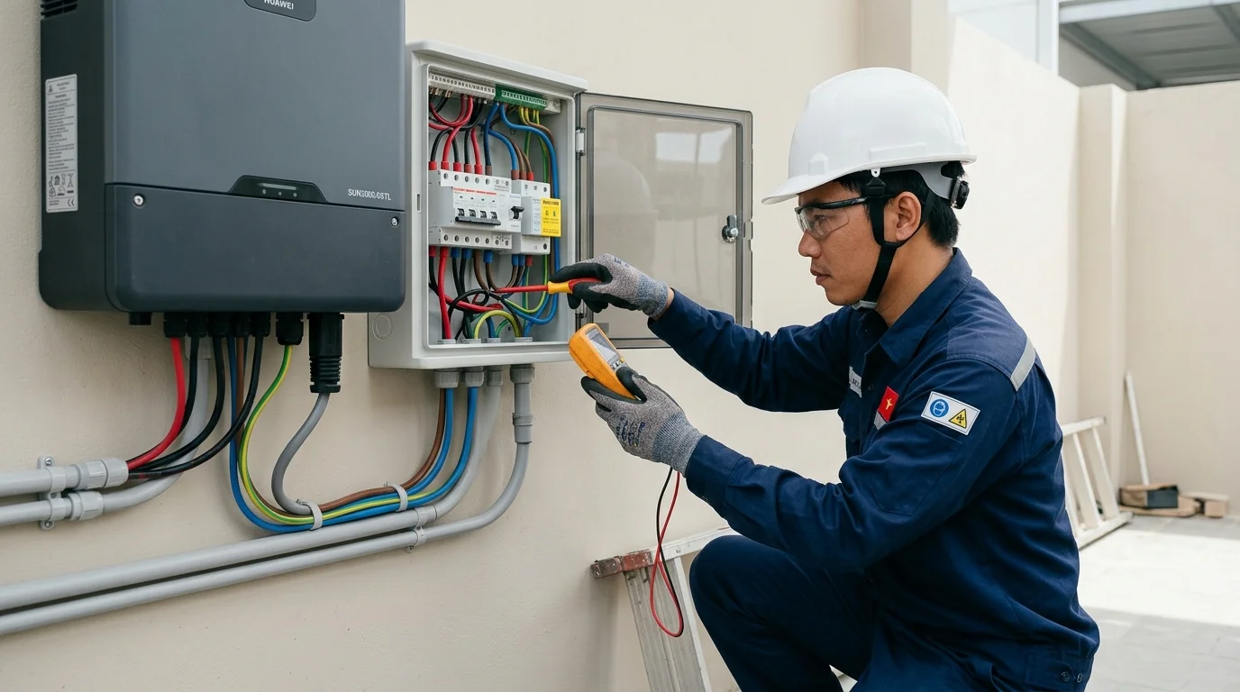 Kỹ sư Ngọc Thiên kiểm tra thiết bị chống sét lan truyền điện mặt trời SPD