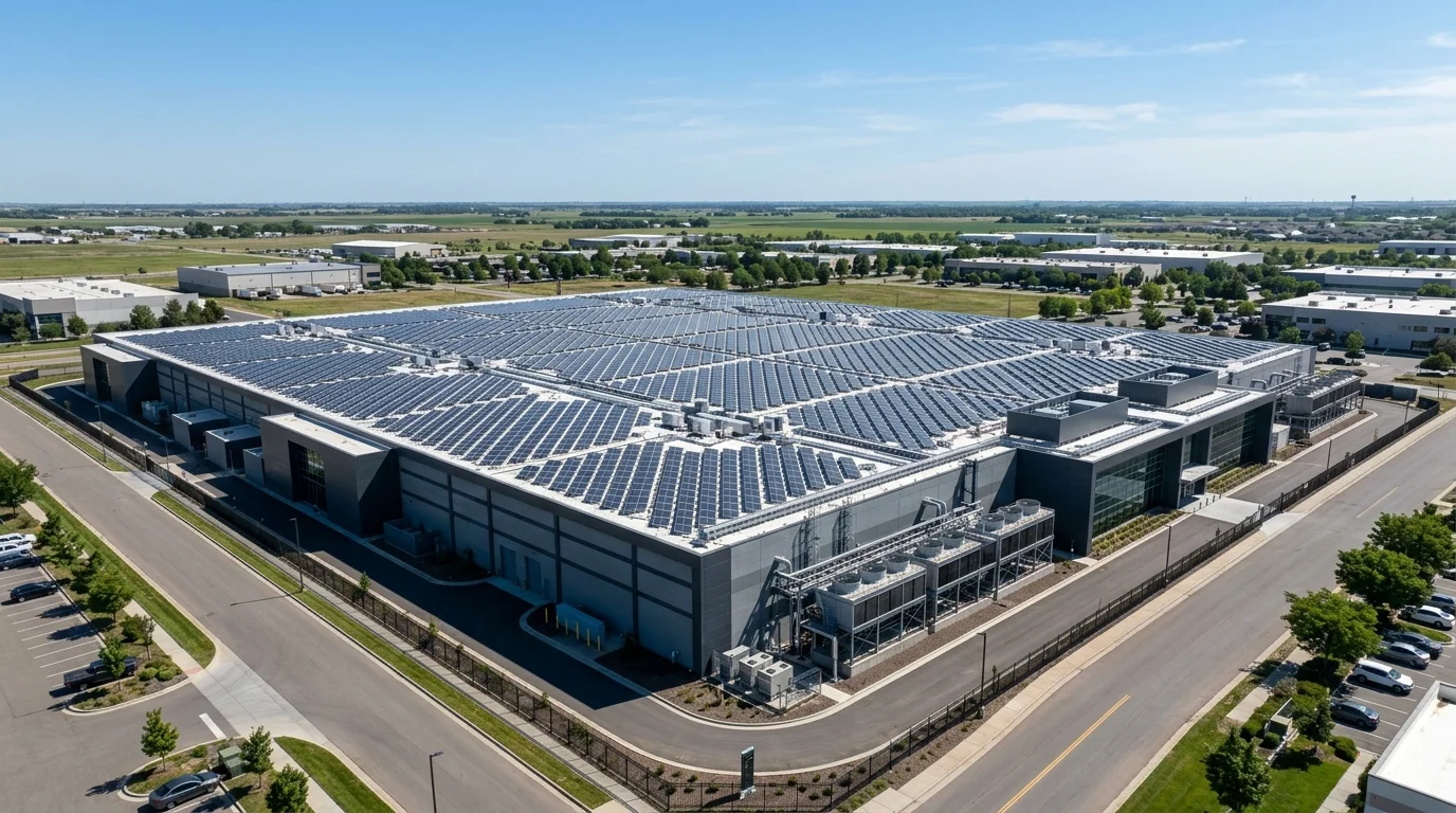 Hệ thống Điện mặt trời cho Data Center lắp đặt trên mái tòa nhà trung tâm dữ liệu hiện đại