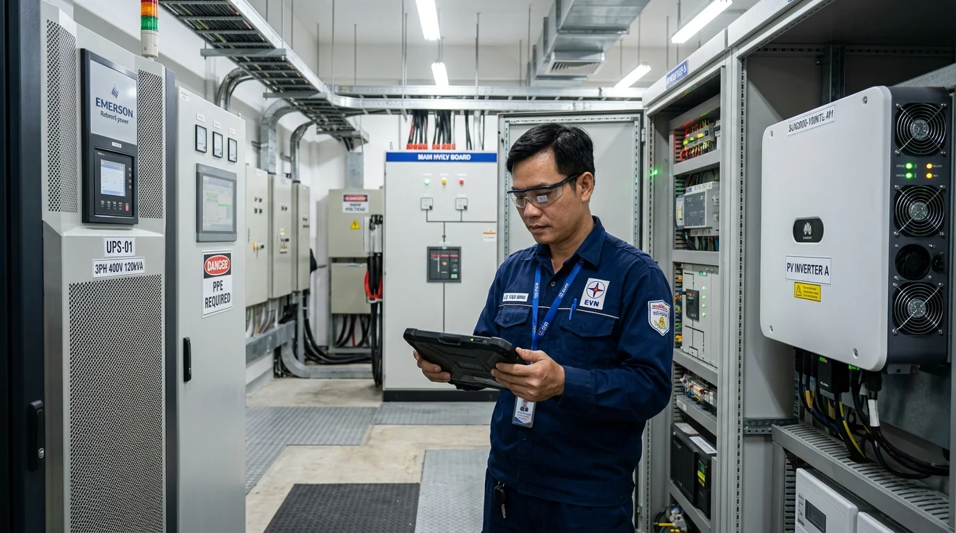 Kỹ sư điện kiểm tra bảo trì tủ phân phối nguồn và biến tần trong phòng máy Data Center