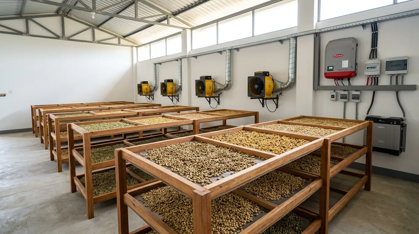 Không gian bên trong lò sấy nông sản trang bị hệ thống quạt thổi khí đối lưu và biến tần điện mặt trời