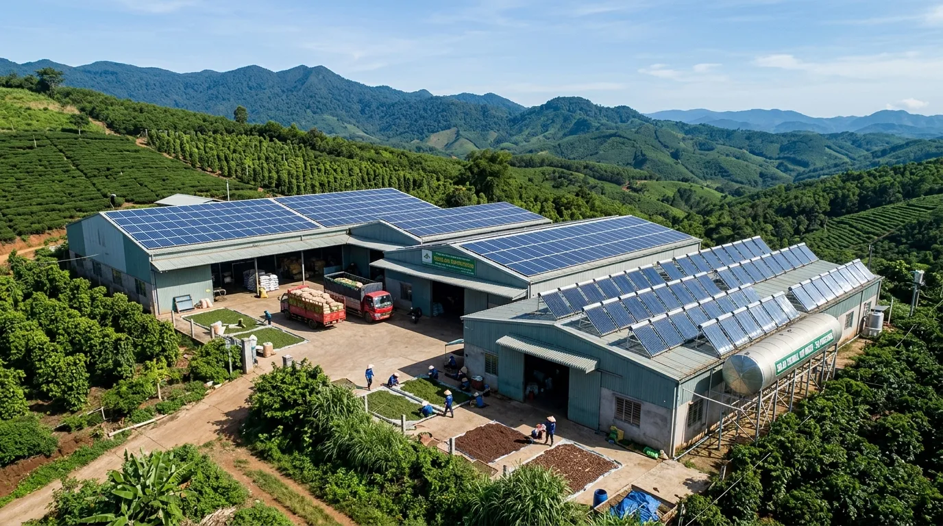 Toàn cảnh nhà máy chế biến nông sản trang bị hệ thống điện mặt trời nhiệt năng và quang điện PV tại Tây Nguyên