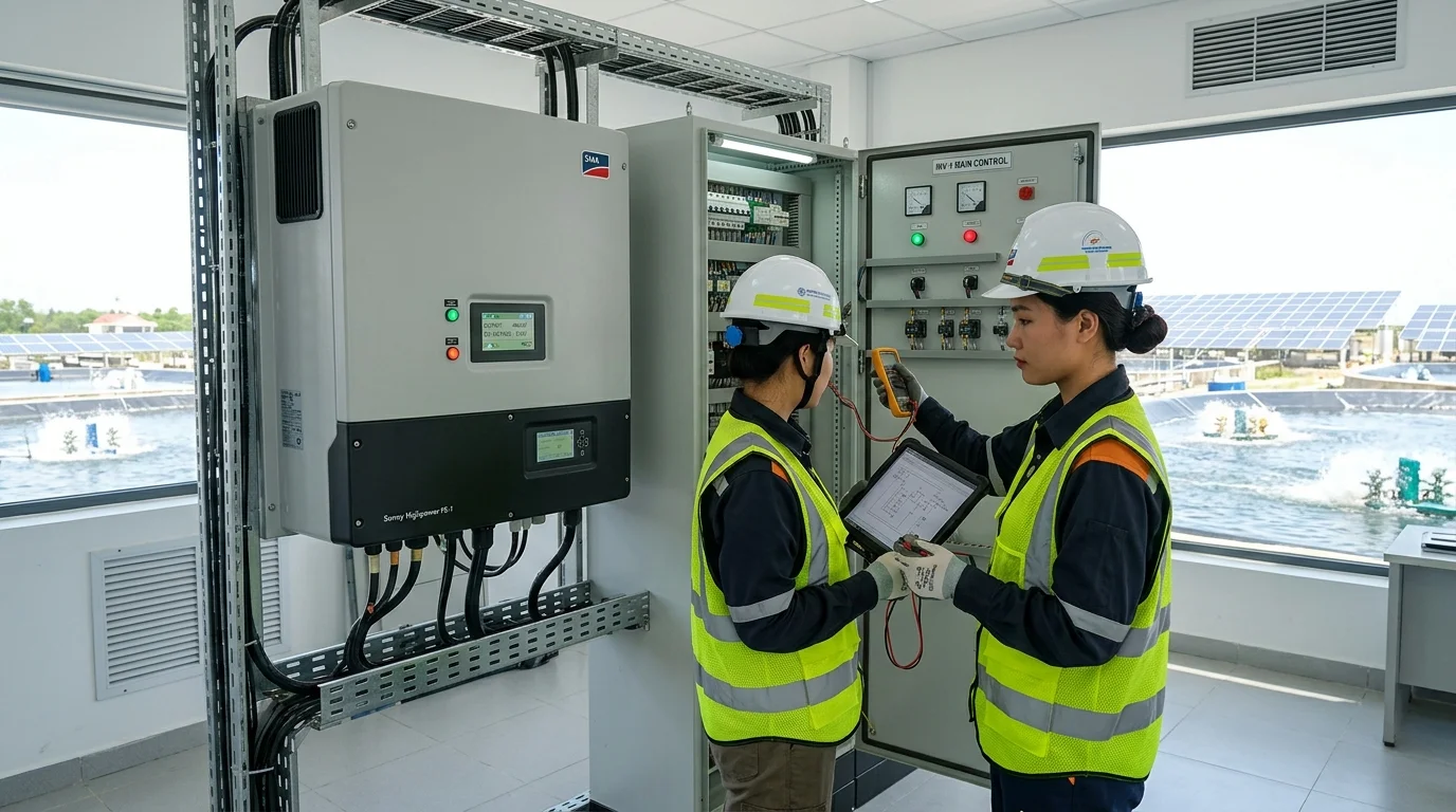kỹ sư Ngọc Thiên kiểm tra tủ điện và biến tần của hệ thống điện mặt trời cho trang trại nuôi tôm