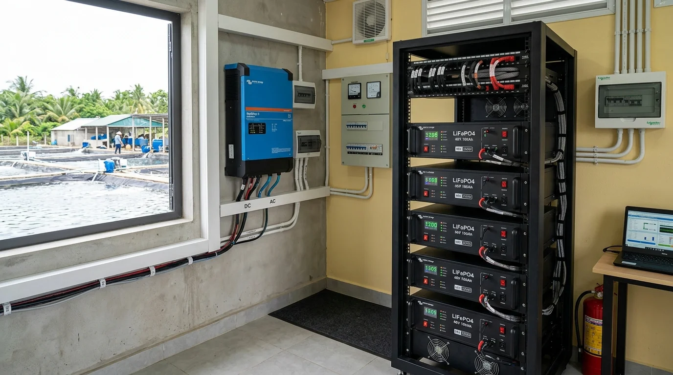 biến tần hybrid và hệ thống pin lưu trữ lithium lắp đặt trong tủ rack đầm tôm