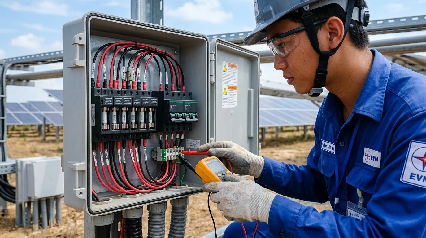 kỹ thuật viên kiểm tra tủ điện DC solar và cầu chì gPV