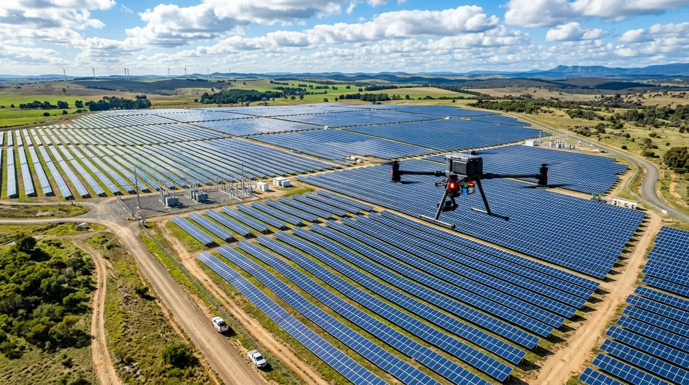 Kỹ thuật viên thực hiện bay drone quét nhiệt pin mặt trời quy mô lớn