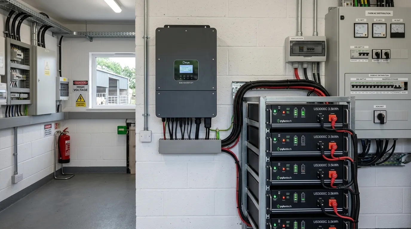 Biến tần lưu trữ Hybrid Deye và tủ pin lưu trữ Lithium Pylontech lắp trong phòng kỹ thuật trang trại