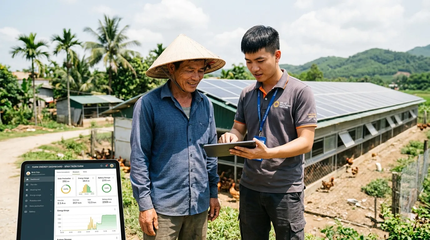 Chủ trang trại và kỹ sư điện kiểm tra ứng dụng theo dõi sản lượng điện mặt trời trên máy tính bảng