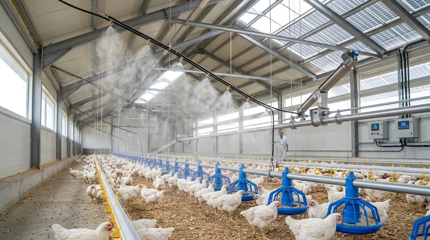 Hệ thống sương mù làm mát và cho ăn tự động bên trong trang trại gà công nghiệp điện mặt trời