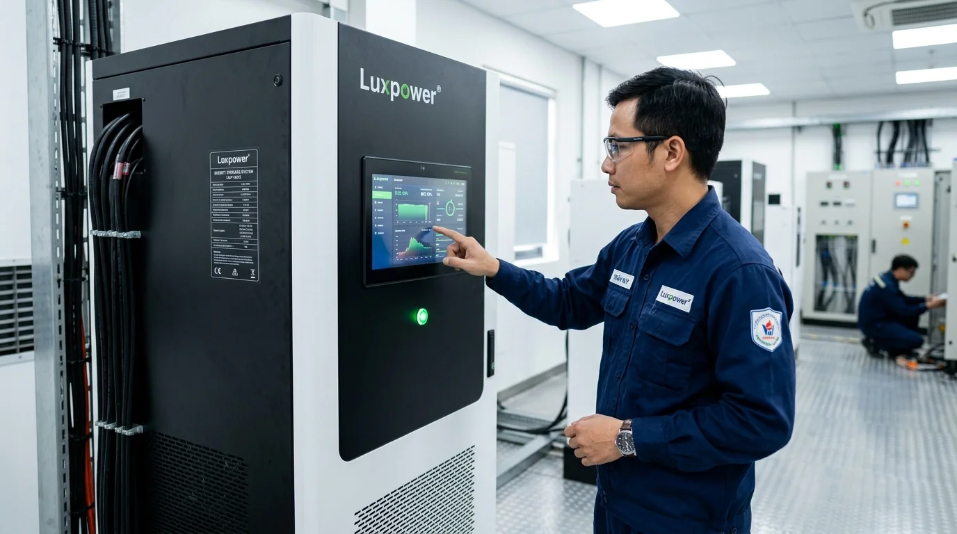 Kỹ sư Ngọc Thiên kiểm tra cài đặt thông số sạc xả hệ thống all-in-one Luxpower