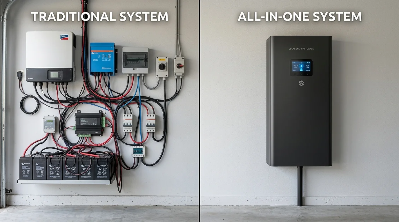 So sánh hệ thống điện mặt trời truyền thống dây nhợ rườm rà và hệ thống all-in-one Luxpower gọn gàng
