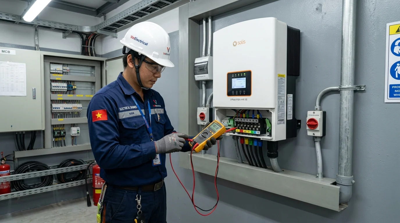 Kỹ sư kiểm tra lắp đặt Solis hybrid 3 pha zero export thực tế