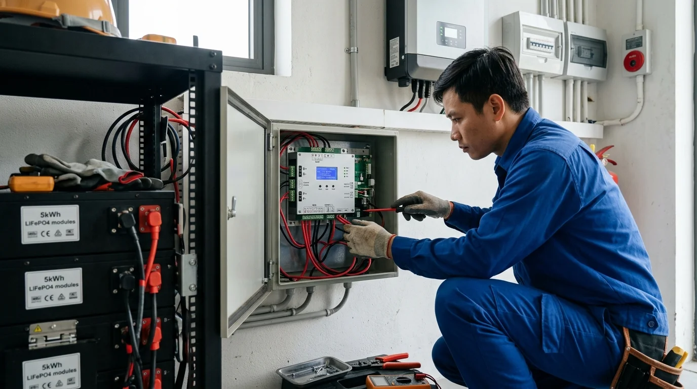 Kỹ sư Ngọc Thiên tiến hành đấu nối mạch quản lý pin bms cho hệ lithium