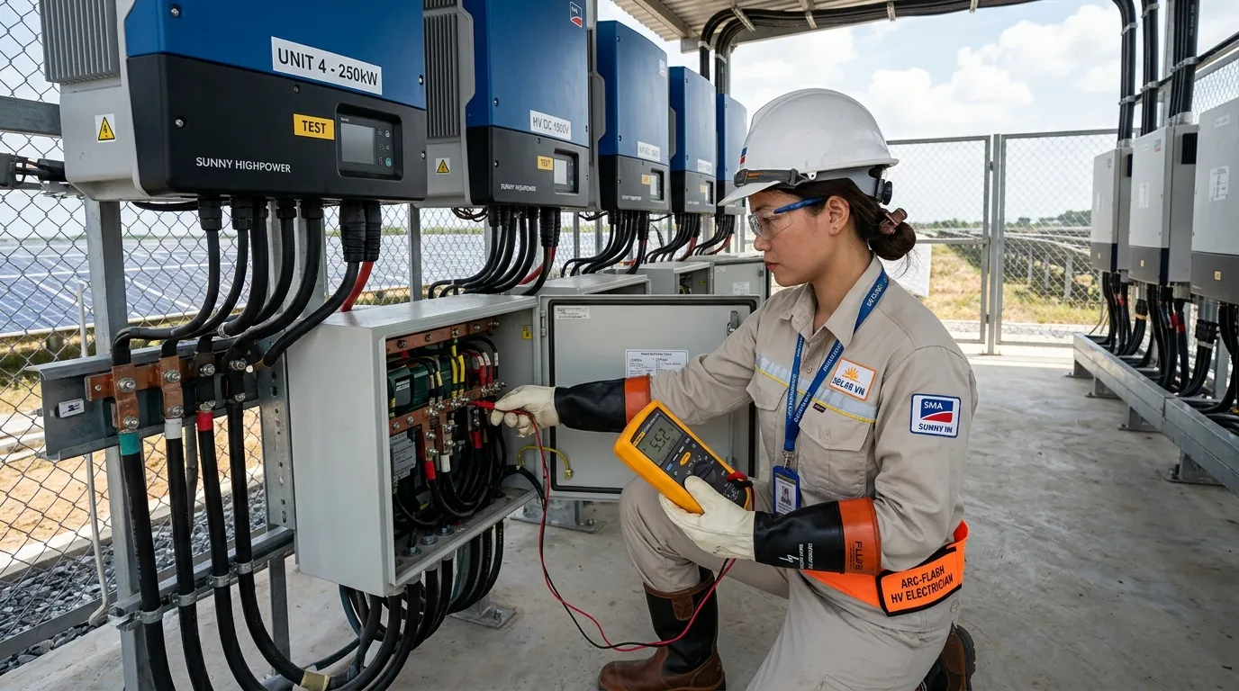 Kỹ sư đo đạc trở kháng cách điện và điện áp dòng DC hệ thống biến tần solar