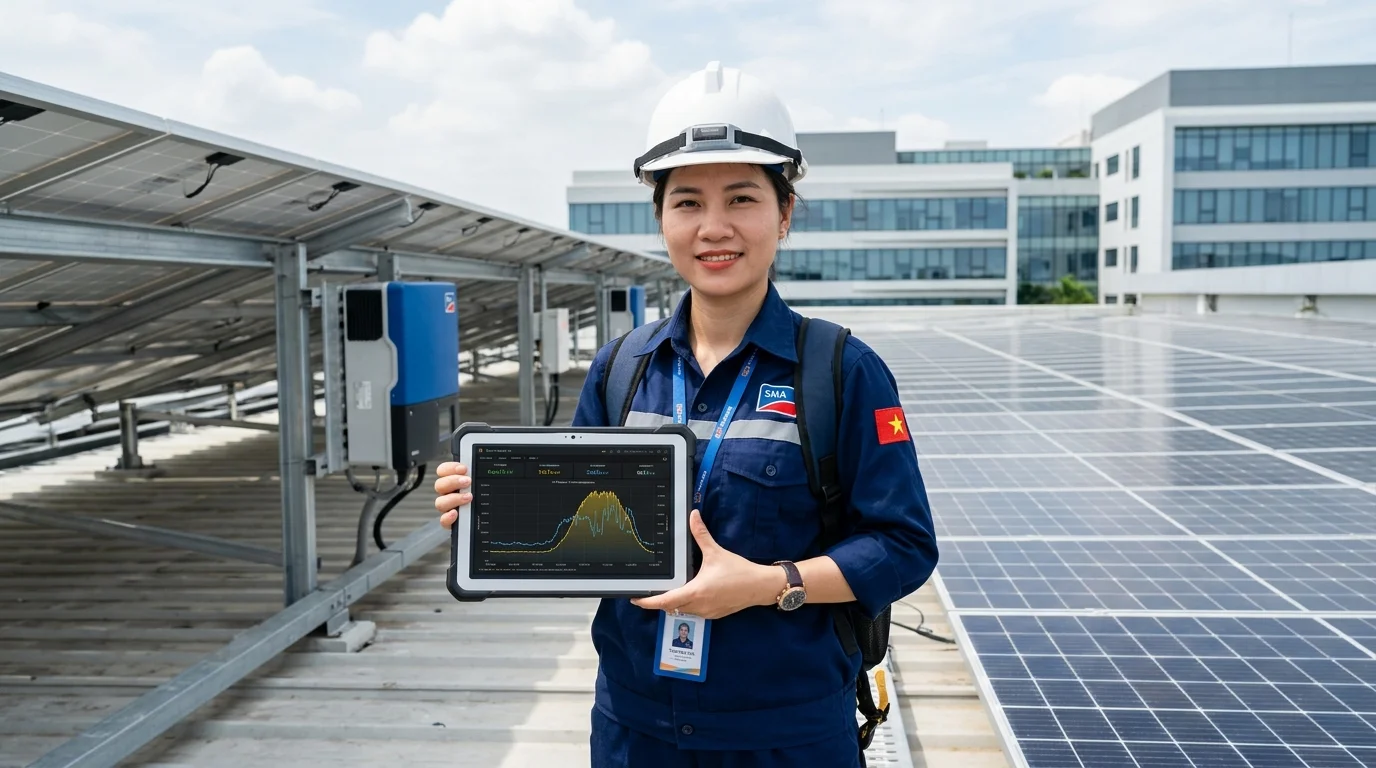 Kỹ sư Ngọc Thiên kiểm tra hệ thống bám tải qua app
