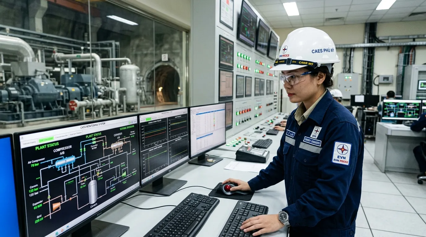 Kỹ sư điều khiển trung tâm theo dõi thông số áp suất khí nén và công suất phát CAES qua màn hình SCADA