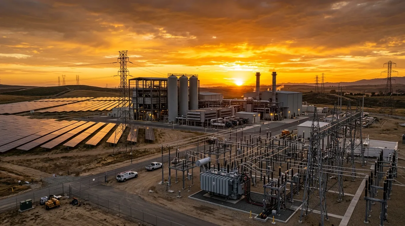 Trạm biến áp cao thế hòa lưới điện quốc gia của nhà máy tích hợp solar và khí nén CAES lúc hoàng hôn