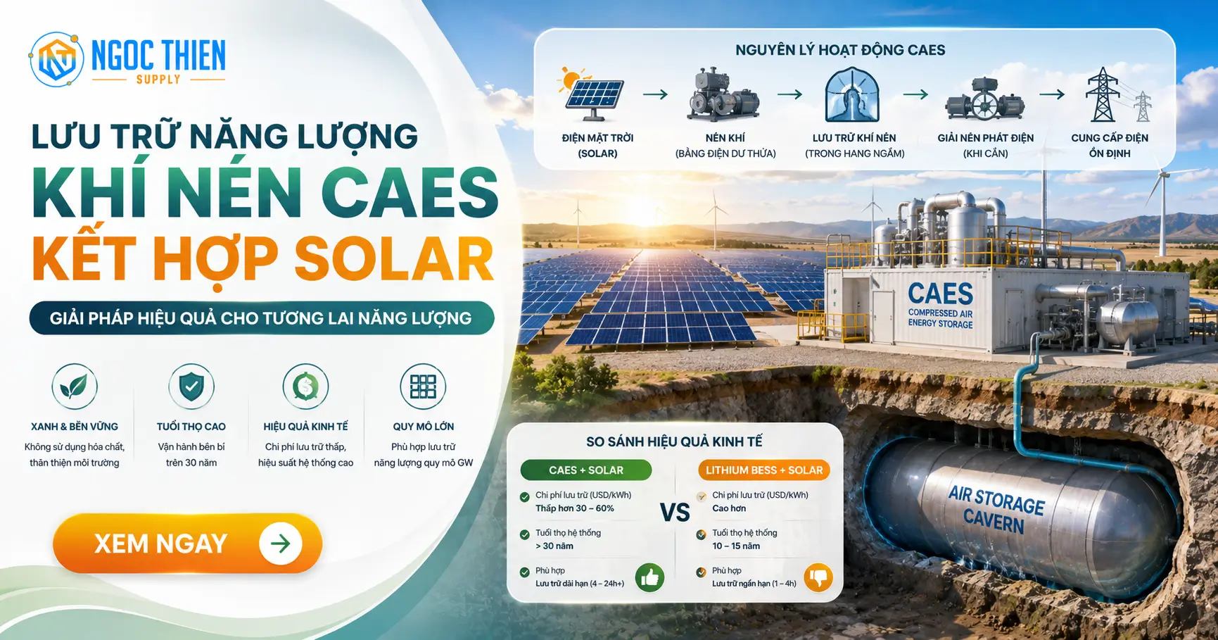 Lưu trữ năng lượng khí nén CAES kết hợp solar hiệu quả
