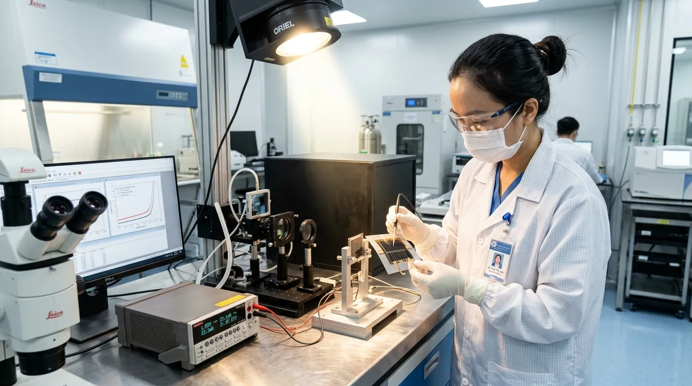 Kỹ sư kiểm tra màng pin Perovskite dẻo uốn cong trong phòng thí nghiệm sạch