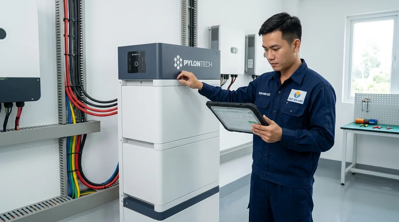 Kỹ sư kiểm tra đo đạc thông số giao tiếp CANbus của Pin lưu trữ Pylontech Force H2