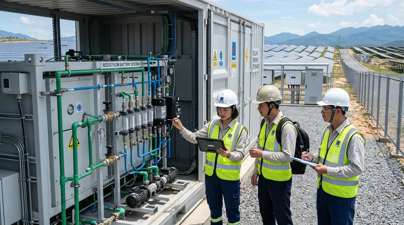 kỹ sư kiểm tra hệ thống pin lưu trữ redox flow tại dự án solar