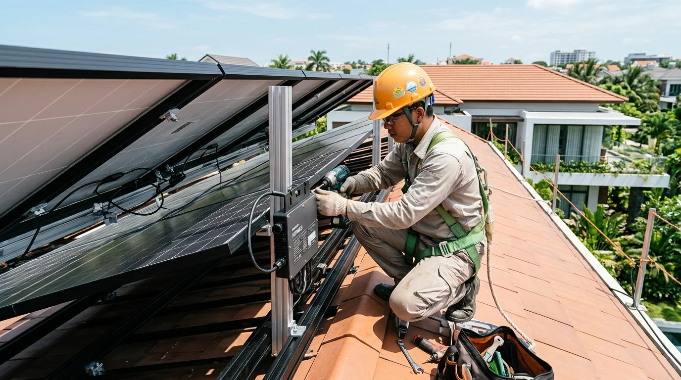 Kỹ thuật viên Ngọc Thiên lắp đặt microinverter so sánh với inverter hybrid cho hệ thống điện mặt trời