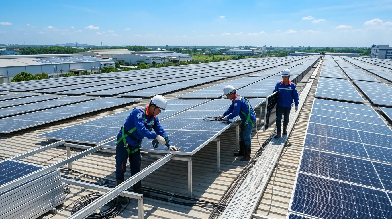 Hệ thống điện mặt trời công nghiệp trên mái nhà xưởng tại miền Nam