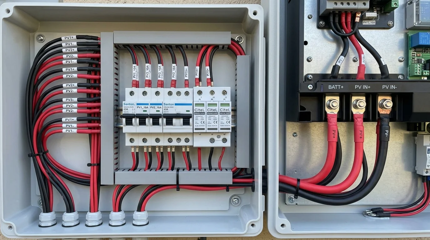 đấu nối cáp dc solar vào combiner box