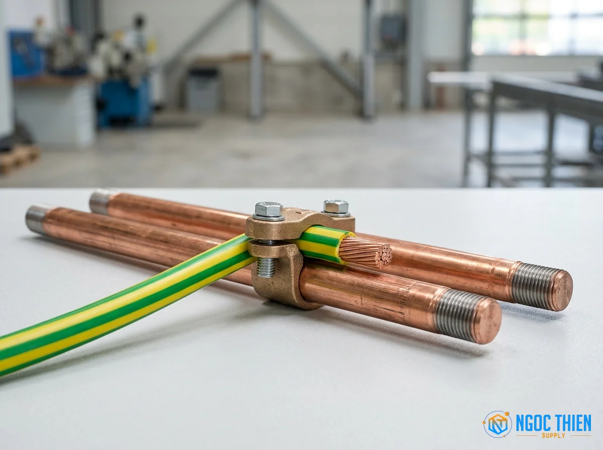 Cọc tiếp địa đồng mạ thiếc và hệ cáp thoát sét tiêu chuẩn tiếp địa điện mặt trời
