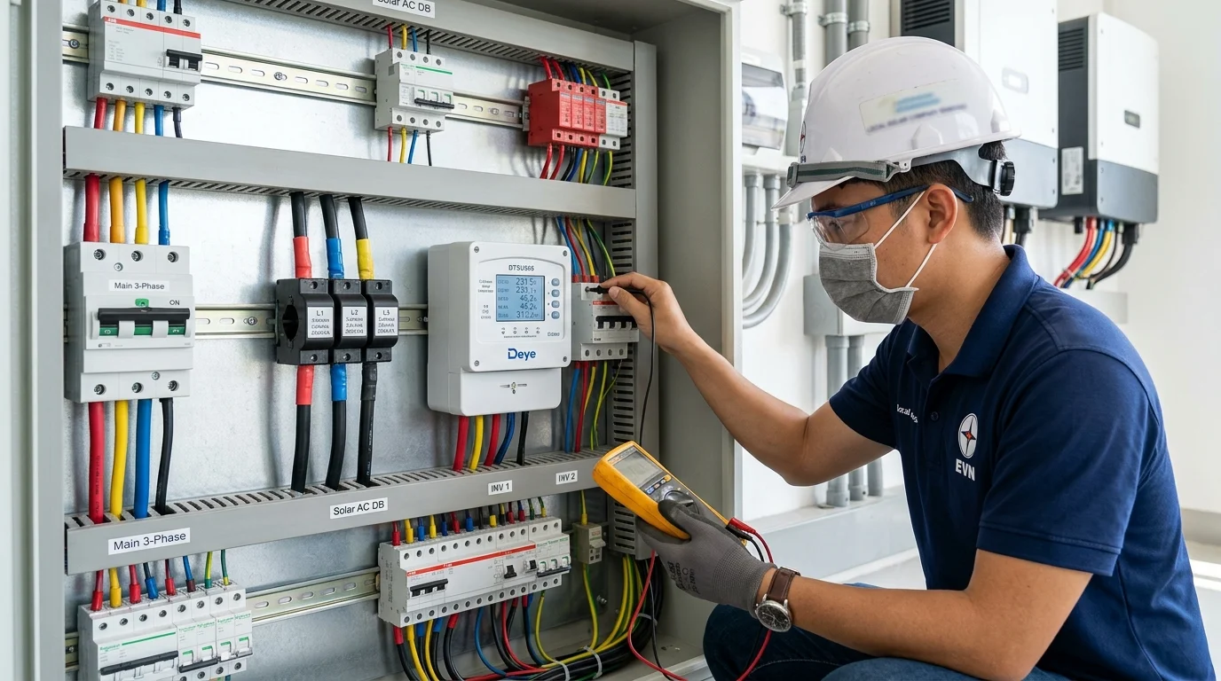 kỹ sư kiểm tra smart meter deye bám tải zero-export