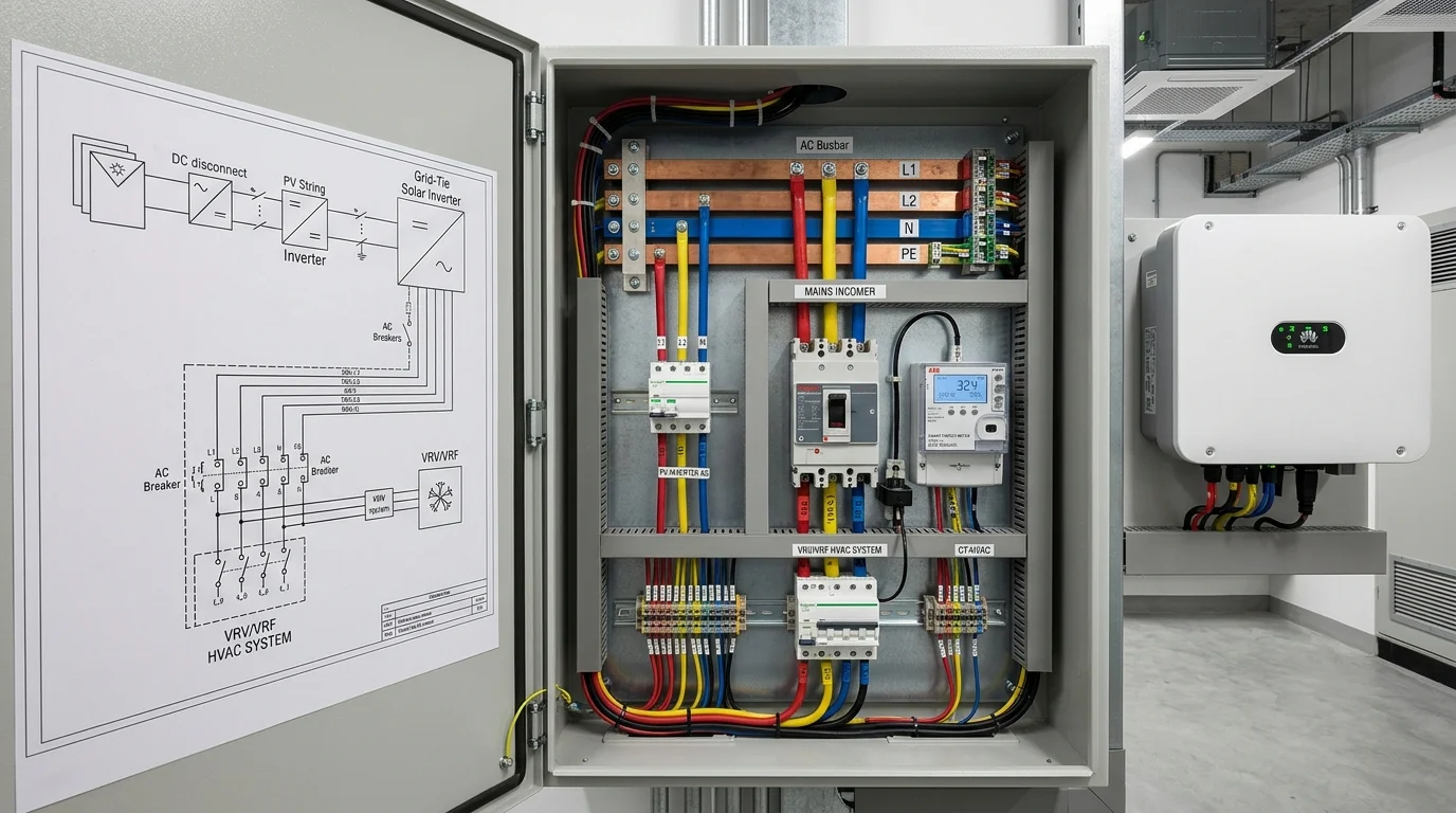 Tích hợp điện mặt trời với điều hòa VRV VRF sơ đồ nguyên lý tủ điện phân phối AC busbar