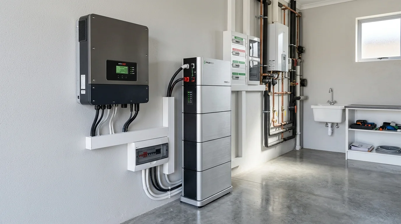 hệ thống điện mặt trời hybrid 5kw gồm inverter hybrid và pin lưu trữ lithium