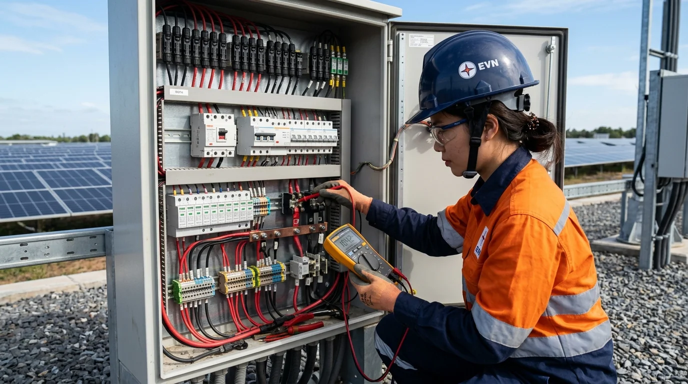 Kỹ sư đo tính sụt áp DC cáp solar trong tủ combiner box