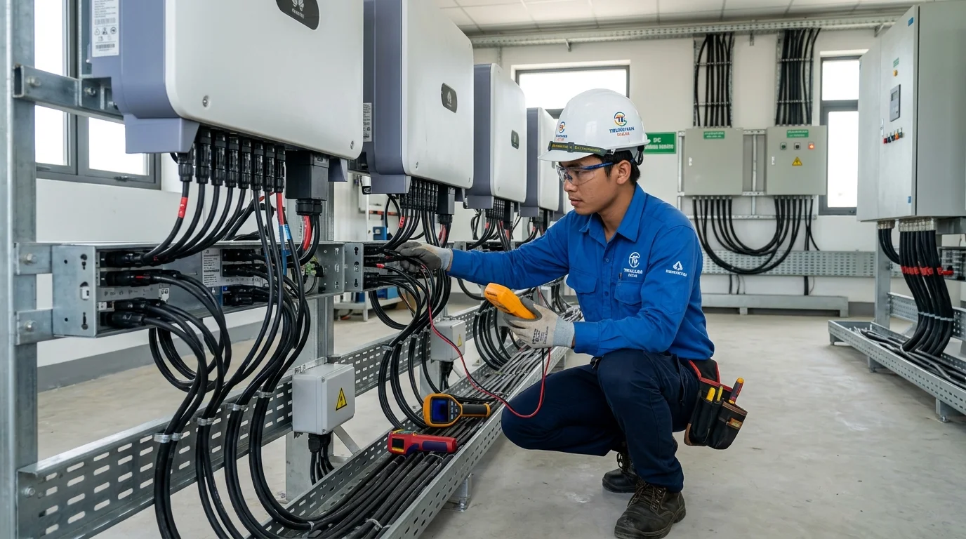 Kiểm tra kết nối cáp DC solar và đầu vào biến tần