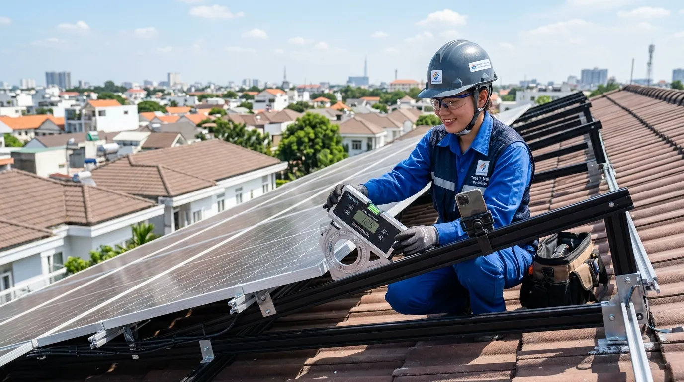 Kỹ thuật viên đo góc nghiêng giàn pin bằng thước đo độ kỹ thuật số tại công trình