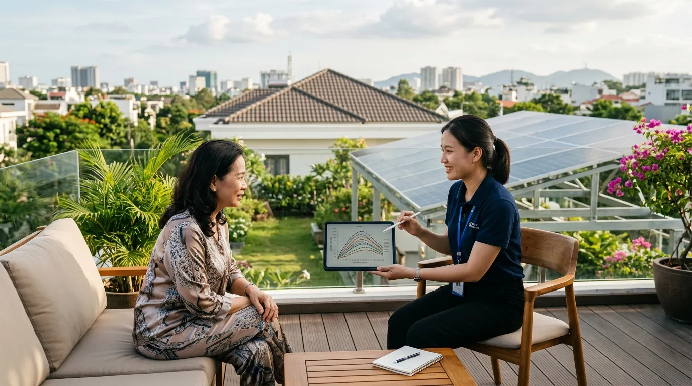 Kỹ sư điện mặt trời tư vấn góc nghiêng lắp đặt tối ưu cho chủ nhà biệt thự