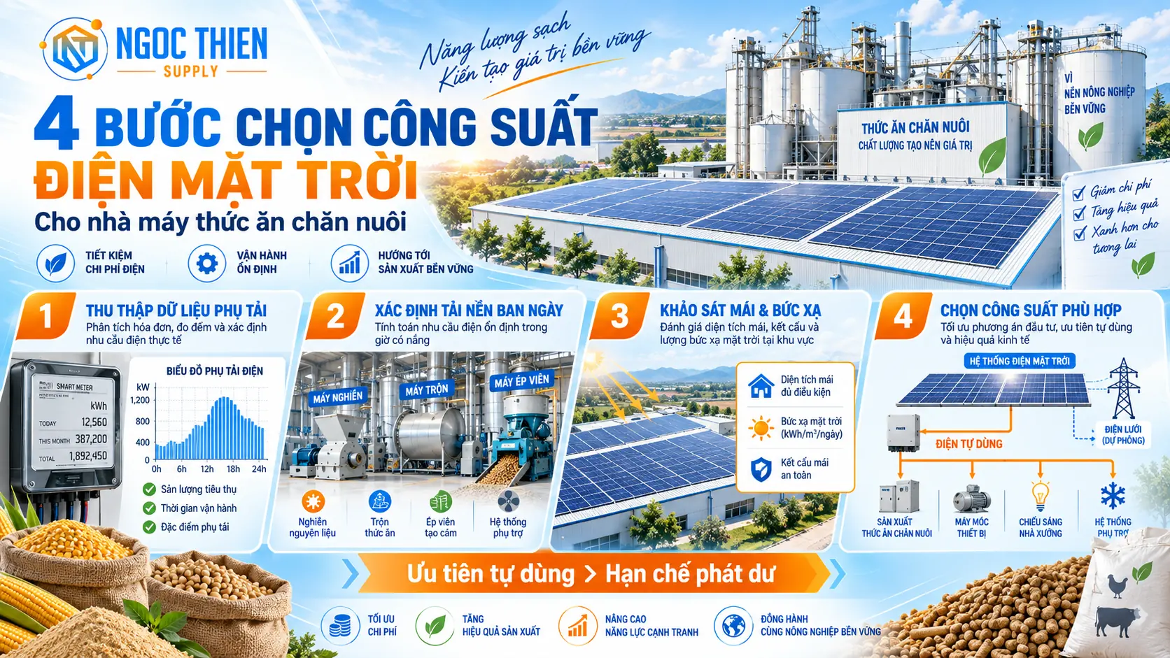 Infographic 4 bước chọn công suất điện mặt trời cho nhà máy thức ăn chăn nuôi từ thu thập dữ liệu phụ tải đến chọn cấu hình bám tải.